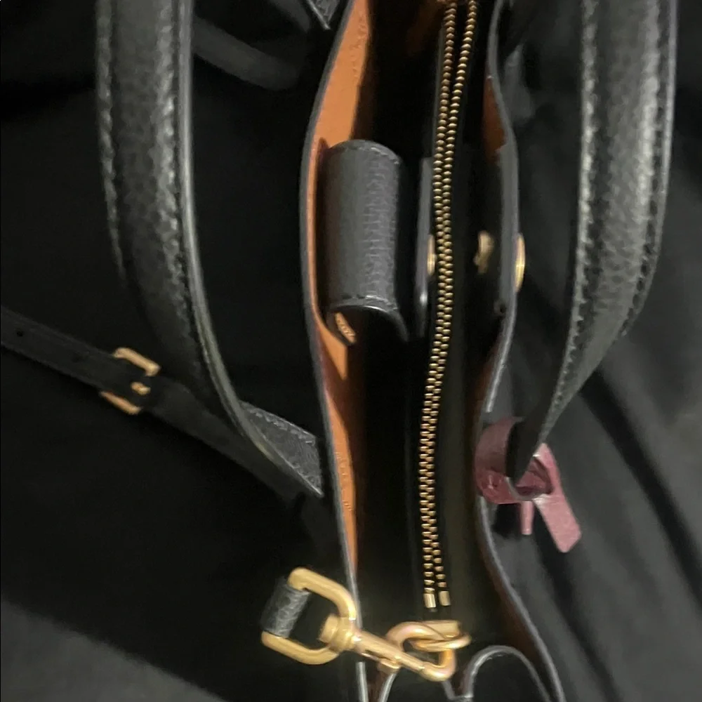 Tory Burch Black Satchel with Burgundy Tag and Gold Hardware